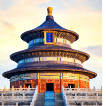 A five-day tour of Beijing, China, featuring attractions such as flag raising, visiting the Forbidden City, the Great Wall of Badaling, the Temple of Heaven, and the Summer Palace. The exterior features Tsinghua University/Peking University